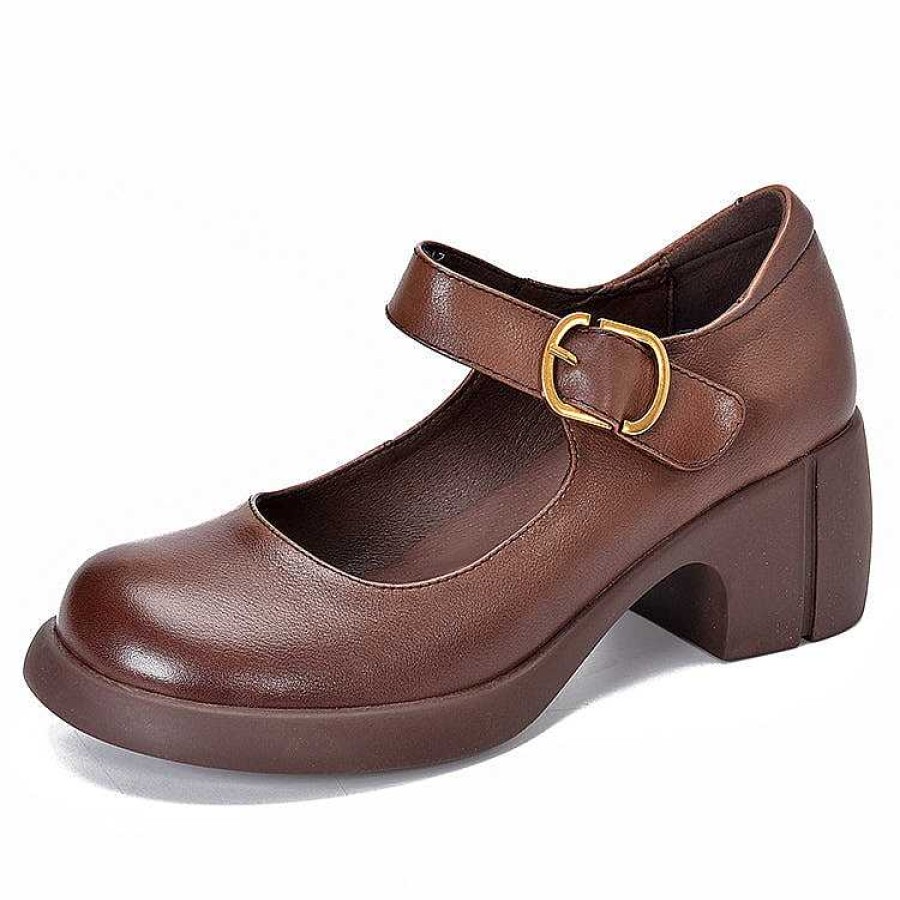 Dwarves Handgjorda Lader Pumps Mary Jane Heels Sandaler Dam Rund Toe Retro Kardborresandaler / | Mary Jane