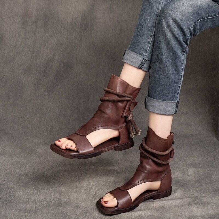 Dwarves Strappy Sandaler I Akta Lader Stovlar For Kvinnor Peep Toe Back Dragkedja Flat Gladiator Sandaler / / | Sandaler