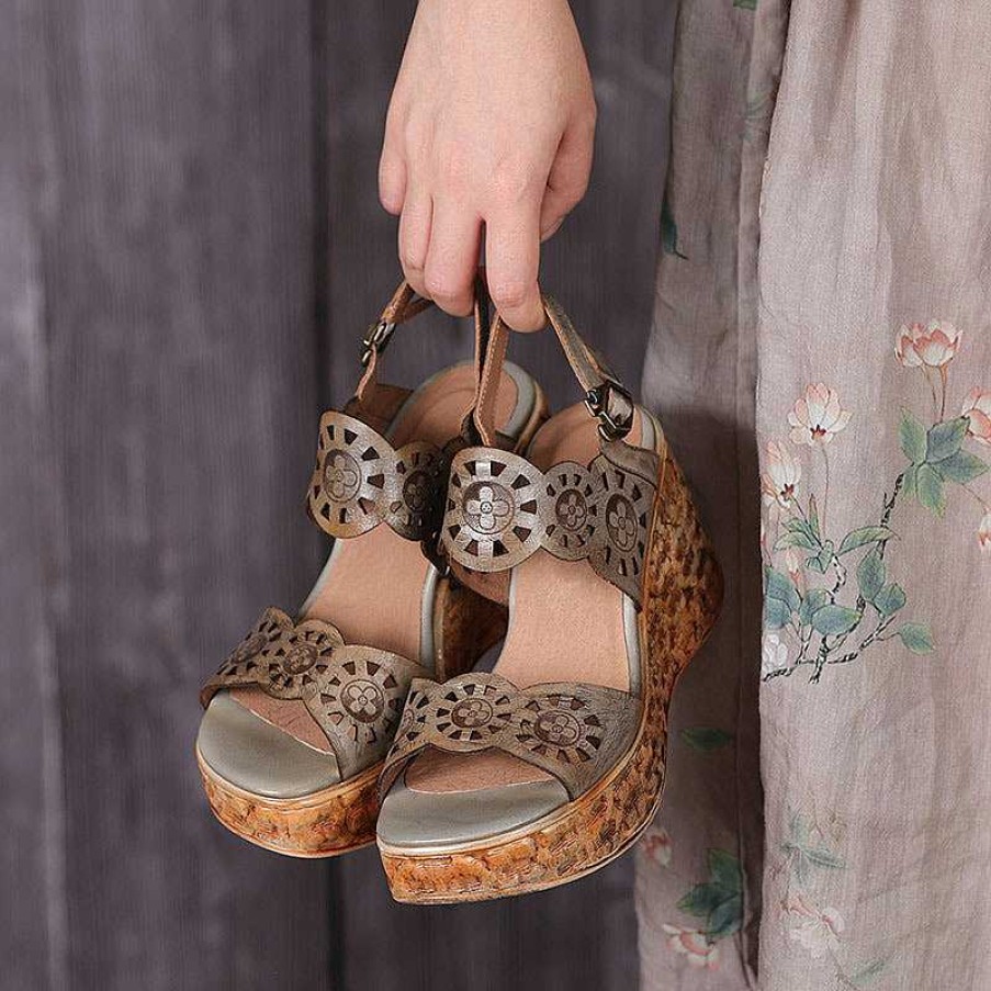 Dwarves Handgjorda Strappy Lader Retro Peep Toe Wedges Sandaler / | Kilar