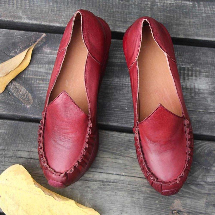 Dwarves Kvinnor Handgjorda Leather Loafers, Retro Slip Ons Red Platforms | Kilar